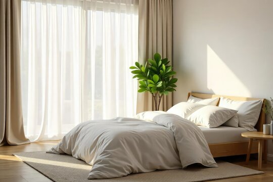 Serene minimalist bedroom with simple bedding, natural light streaming through a sheer curtain, and a single potted plant A feeling of calm and peaceful rest is evoked , simple, restful