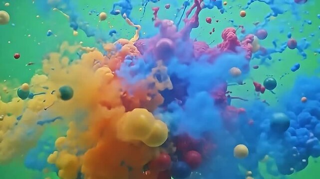 Paintballs suspended midair rotate slowly, then burst to explode bright ink water in mid-spin, creating ribbons across a flat green background.