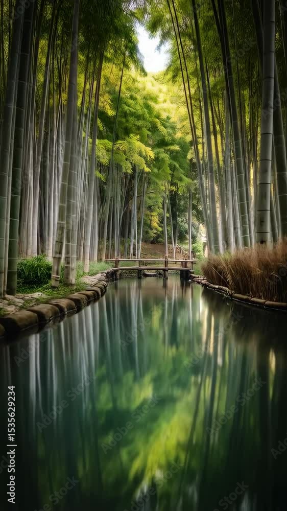 Poster peaceful bamboo grove with bridge across stream reflecting the trees creating a serene, lush and tra