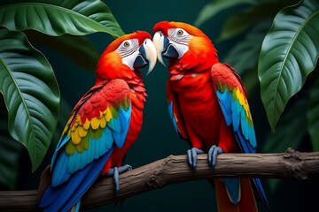 Two scarlet macaws perched on branch tropical leaves