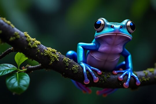 Vibrant blue and purple rainforest frog on mossy branch