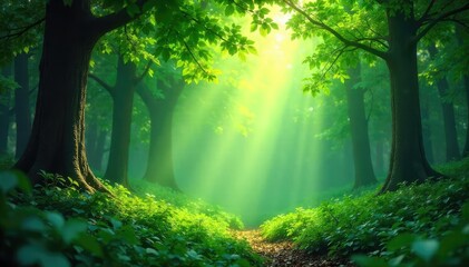 Obraz premium Lush green forest background featuring sunlight dappling through leaves, creating a magical, enchanting atmosphere Perfect for nature-themed projects, websites, and more , background, shadows