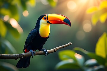 Naklejka premium Vibrant keel-billed toucan perched on branch in lush rainforest sunlight