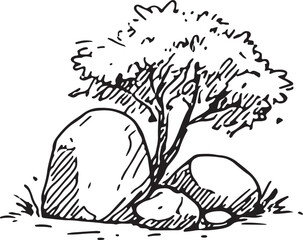 This hand-drawn black-and-white sketch depicts a lush, rounded tree with dense foliage, ideal for nature-themed designs, illustrations, or landscaping art. Its organic shape and detailed leaves 