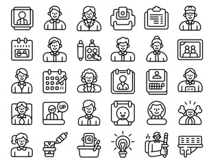 A collection of vector line icons depicting business people office concepts and calendars