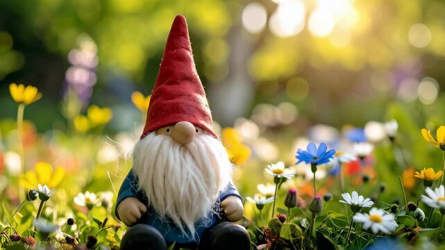 Charming garden gnome with red hat sitting amidst colorful wildflowers in a sunny meadow, creating a whimsical scene in nature.