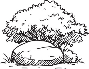 This detailed black-and-white sketch shows a rugged, standalone rock with textured surfaces, perfect for nature-inspired illustrations, landscape designs, or outdoor art. Its earthy 