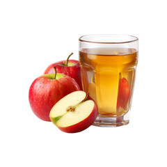 Fresh apple juice in a glass with whole and sliced apples isolated on a transparent background.