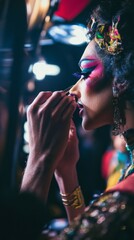A Hispanic drag performer applying dramatic makeup backstage before a show 