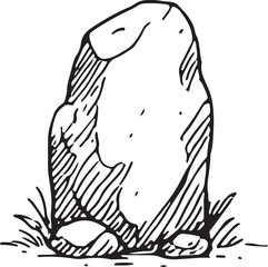 This detailed black-and-white sketch shows a rugged, standalone rock with textured surfaces, perfect for nature-inspired illustrations, landscape designs, or outdoor art. Its earthy 