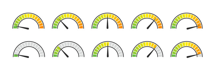 Speedometer icons set. Dashboard performance indicator sign