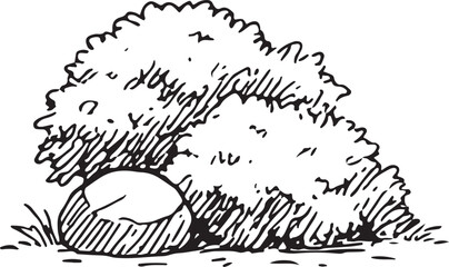 This detailed black-and-white sketch shows a rugged, standalone rock with textured surfaces, perfect for nature-inspired illustrations, landscape designs, or outdoor art. Its earthy 