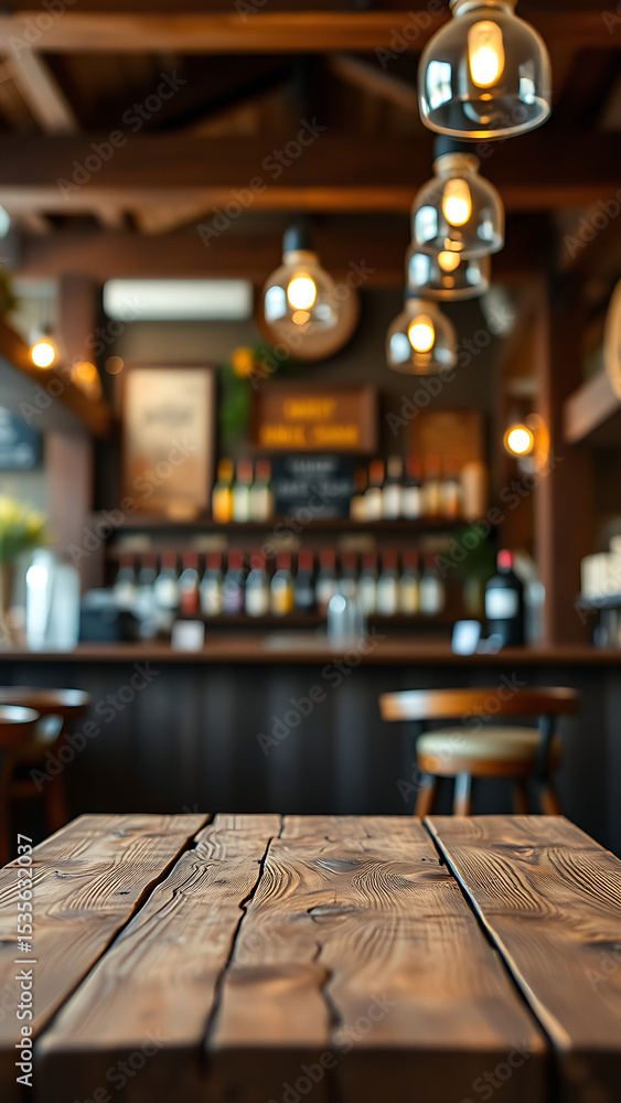 Poster empty wooden table rustic and blurred background of bar or pub for product display high quality phot