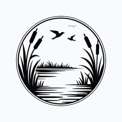 Serene Lake Scene with Cattails and Birds Black and White Illustration