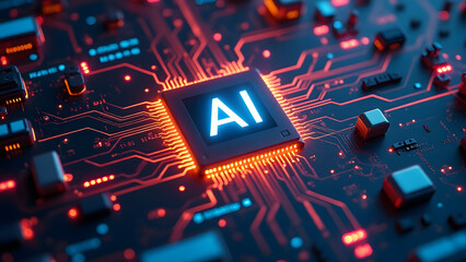 Artificial intelligence chip glowing on digital circuit board with vibrant orange and blue lights, symbolizing advanced technology and innovation