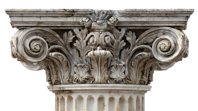 Exquisite detail of a corinthian column capital depicting carved stone architectural element with intricate foliage and sculptural features