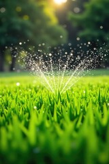 A vibrant green meadow is refreshed by a network of rotating sprinklers, water droplets shimmering in the sunlight Perfect for idyllic, summer, nature, and irrigation themes , outdoor, meadow
