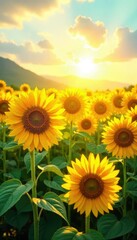 Fototapeta premium A vibrant field of sunflowers basking in the golden sunlight, their tall stalks swaying gently in the summer breeze Perfect for illustrating summer, nature, or happy themes , flora, outdoor