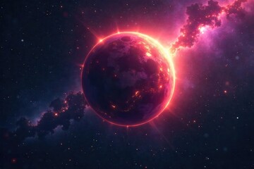 Obraz premium A vibrant, glowing exoplanet hangs in the inky blackness of space, radiating an ethereal light Surrounding nebulae add depth and cosmic wonder to this celestial scene , vibrant, bright