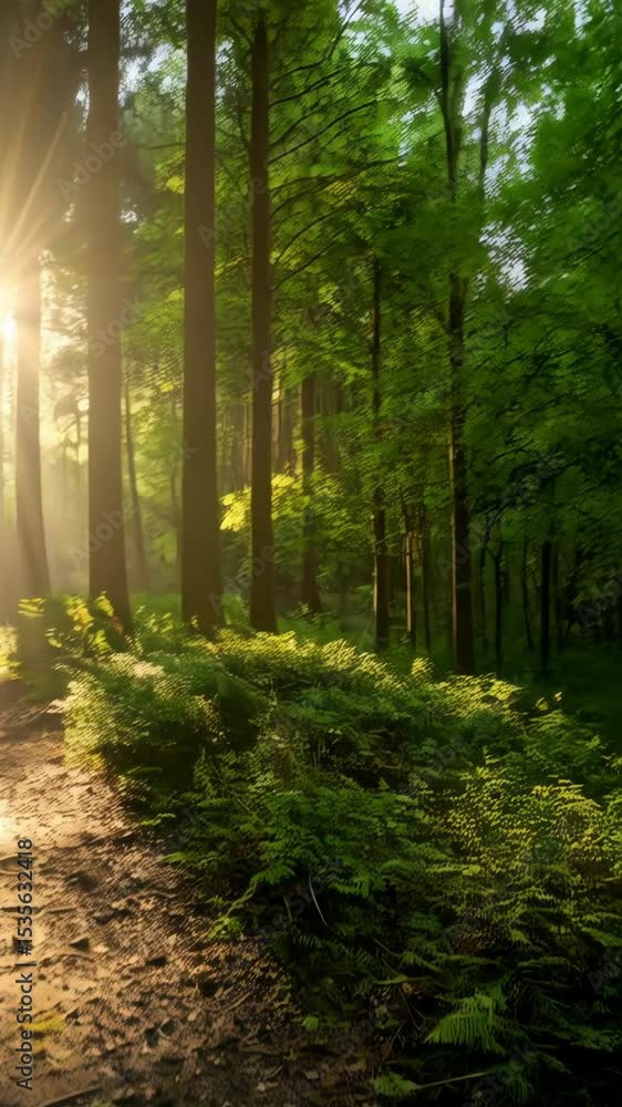 Poster sunbeams filter through tall trees along a forest path, creating a serene and enchanting woodland sc