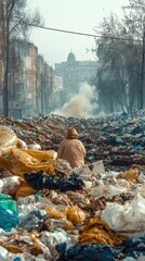 mountain of garbage waste plastic bottles packages of rotting food	
