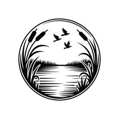 Tranquil Lake Scene with Birds and Reeds Black and White Illustration