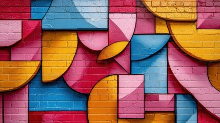 Fototapeta premium Vibrant abstract mural on a brick wall. Geometric shapes in bold colors
