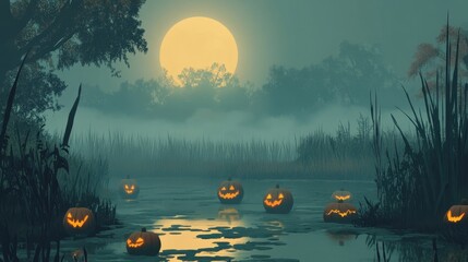 Halloween night scene with glowing jack o lanterns floating on a misty swamp under a full moon, creating a spooky and festive atmosphere for the holiday season.