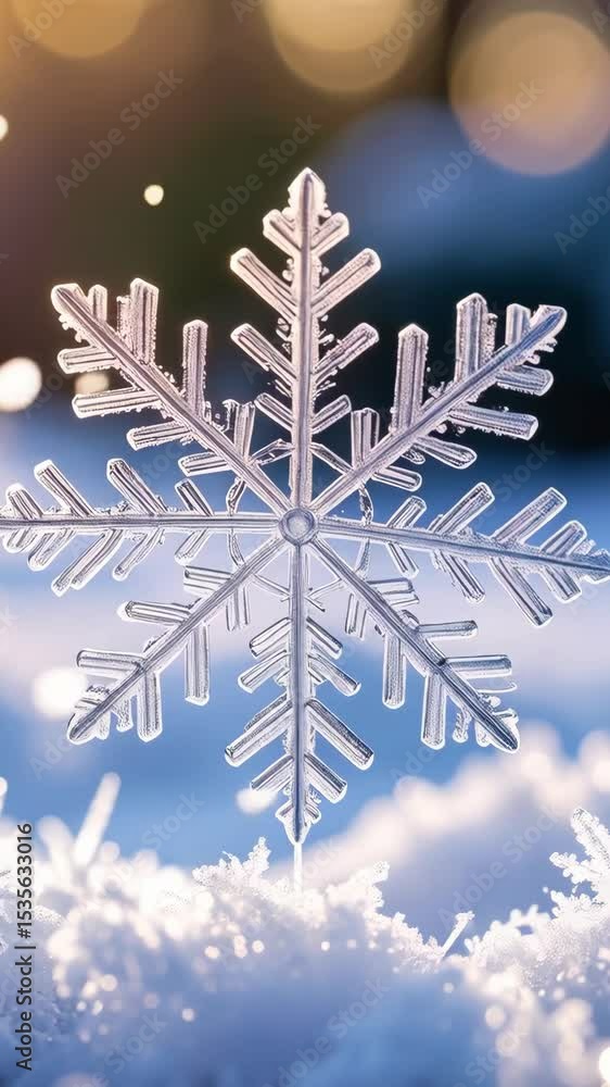 Poster single intricate snowflake crystal resting on snowy surface with blurred bokeh lights in the backgro