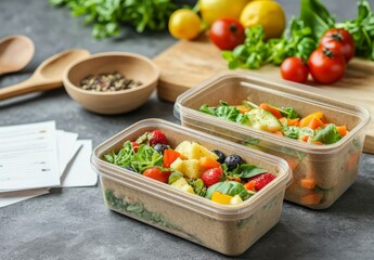 food containers filled with healthy, fresh fruits on the side. The containers are made from eco-friendly materials such as paper or glass to create sustainable packaging for eating out.
