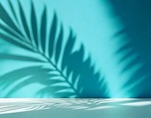  Blurred shadow from palm leaves on the light blue wall. Minimal abstract background for prod.jpg