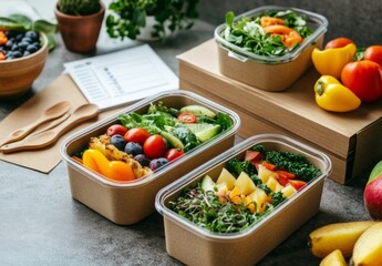 food containers filled with healthy, fresh fruits on the side. The containers are made from eco-friendly materials such as paper or glass to create sustainable packaging for eating out.