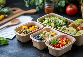 food containers filled with healthy, fresh fruits on the side. The containers are made from eco-friendly materials such as paper or glass to create sustainable packaging for eating out.