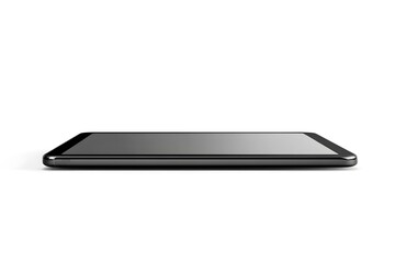 Sleek Black Tablet Lying Flat on White Surface, Minimalist Design.