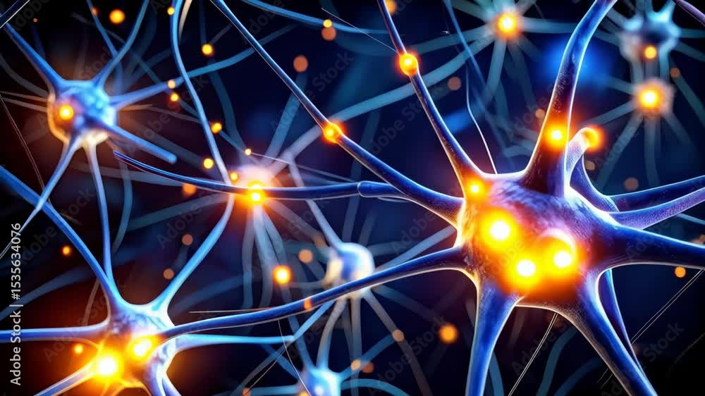 Poster detailed microscopic render of firing interconnected neurons in a complex neural network, illustrati
