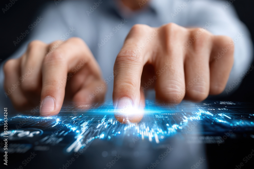 Poster digital interaction with a futuristic touch screen displaying data analytics and graphs