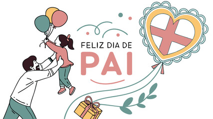 Celebratory father's day illustration with child balloons gift and floral elements