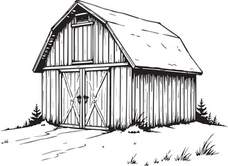 Rustic Barn: A detailed black and white illustration of a classic wooden barn, evoking the charm of countryside life. The barn features large sliding doors, a gabled roof. © DesignINKZ