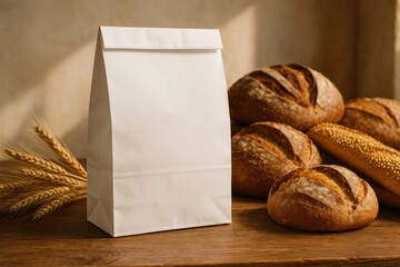 Artisanal Breads: Rustic bread assortment and a paper bag sitting on a warm wooden surface, illuminated by soft natural light, conveying freshness and culinary charm.