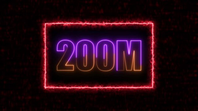 Neon 200M text animation on blur background. Neon glowing 200M 'followers' animation with neon border.