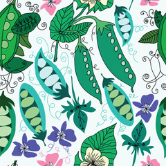 colorful peas pods and open pea pods with purple, pink flowers and green leaves hand drawn seamless pattern. It is good for tiles, packaging, print, fabric, textile and more.