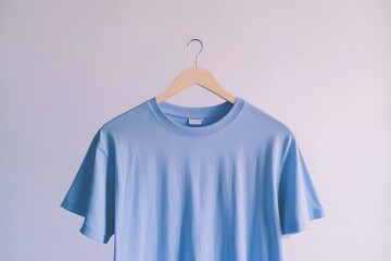 Light Blue T-Shirt Hanging on Wooden Hanger Against a White Wall