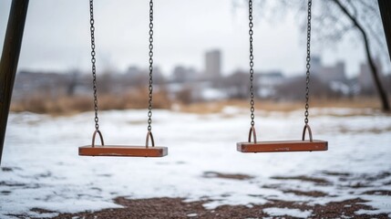 empty playground with metal swings, overcast weather, snowy ground, a city in the background