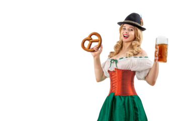 Oktoberfest girl waitress holding pretzel. Woman in dirndl, tyrolean hat serving beer mug. Isolated background. Traditional Bavarian, German, Austrian party, autumn festival