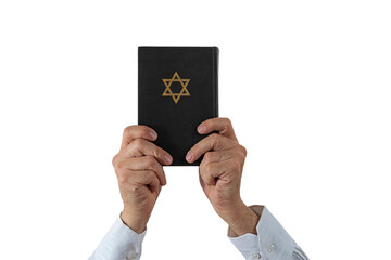 Hands and Hebrew Book Talmud with Star of David on a dark cover on isolated background. Rabbinic Judaism, Studying Jewish religious law. Torah, Hebrew Bible. Holy Scripture containing the word of God