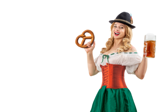 Oktoberfest girl waitress holding pretzel. Woman in dirndl, tyrolean hat serving beer mug. Isolated background. Traditional Bavarian, German, Austrian party, autumn festival