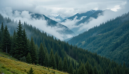 Fototapeta premium Misty Mountain Valley With Dense Forest 