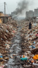 mountain of garbage waste plastic bottles packages of rotting food	
