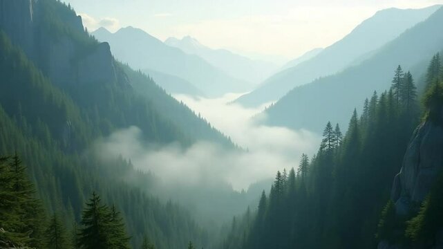 Misty Mountain Valley with Pine Forest