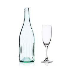 Sparkling Wine Bottle and Glass on White Background

